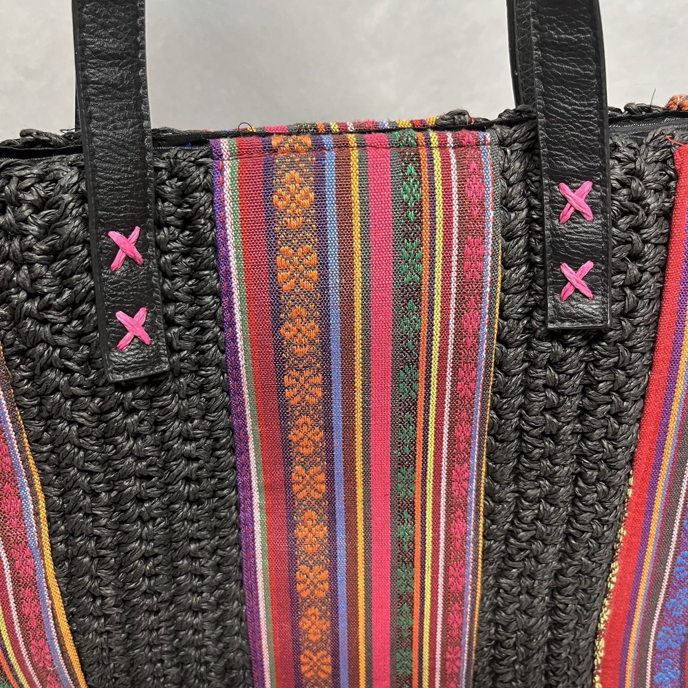 Sun N Sand Multicolor Woven Hand Bag Leather Straps Boho Beach Tote Clean - Picture 5 of 8